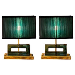 Retro Petrol Green Murano Glass Blocks Lamps with Our Double Color Lampshades, 1970s