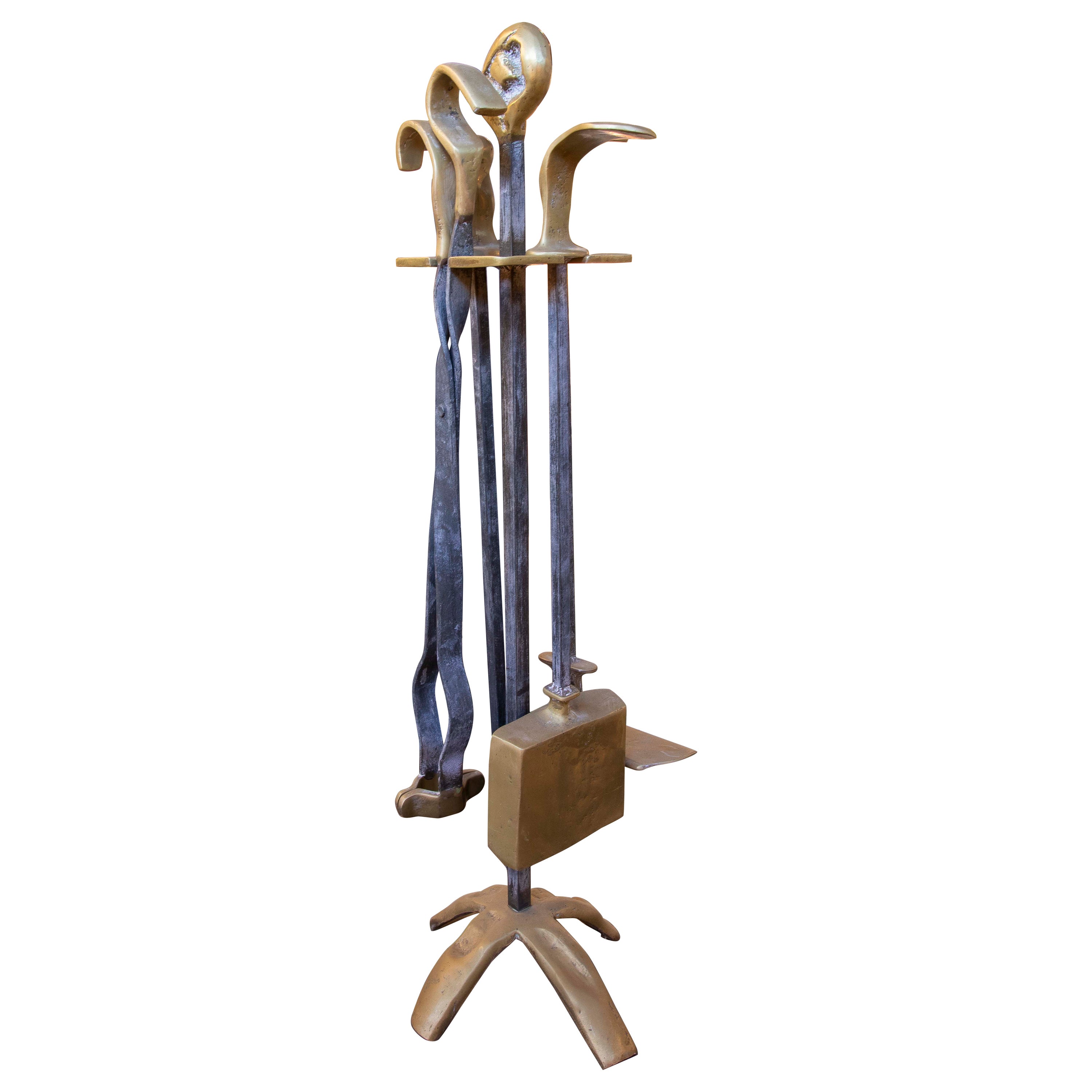 Ensemble d'outils de cheminée en bronze de l'artiste David Marshall des années 1980