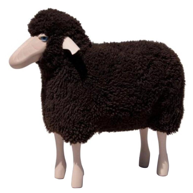 Small handmade sheep in curly brown fur by Hans Peter Krafft, Meier Germany. For Sale