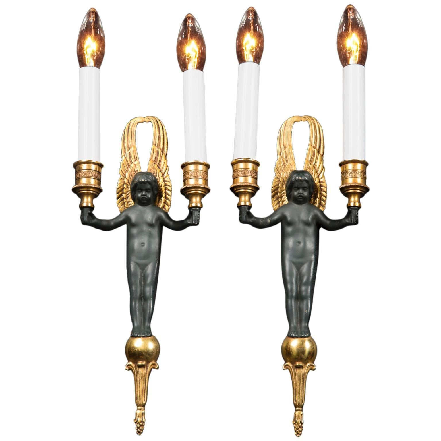 Pair of Winged Putti Empire Sconces, French 20th Century For Sale