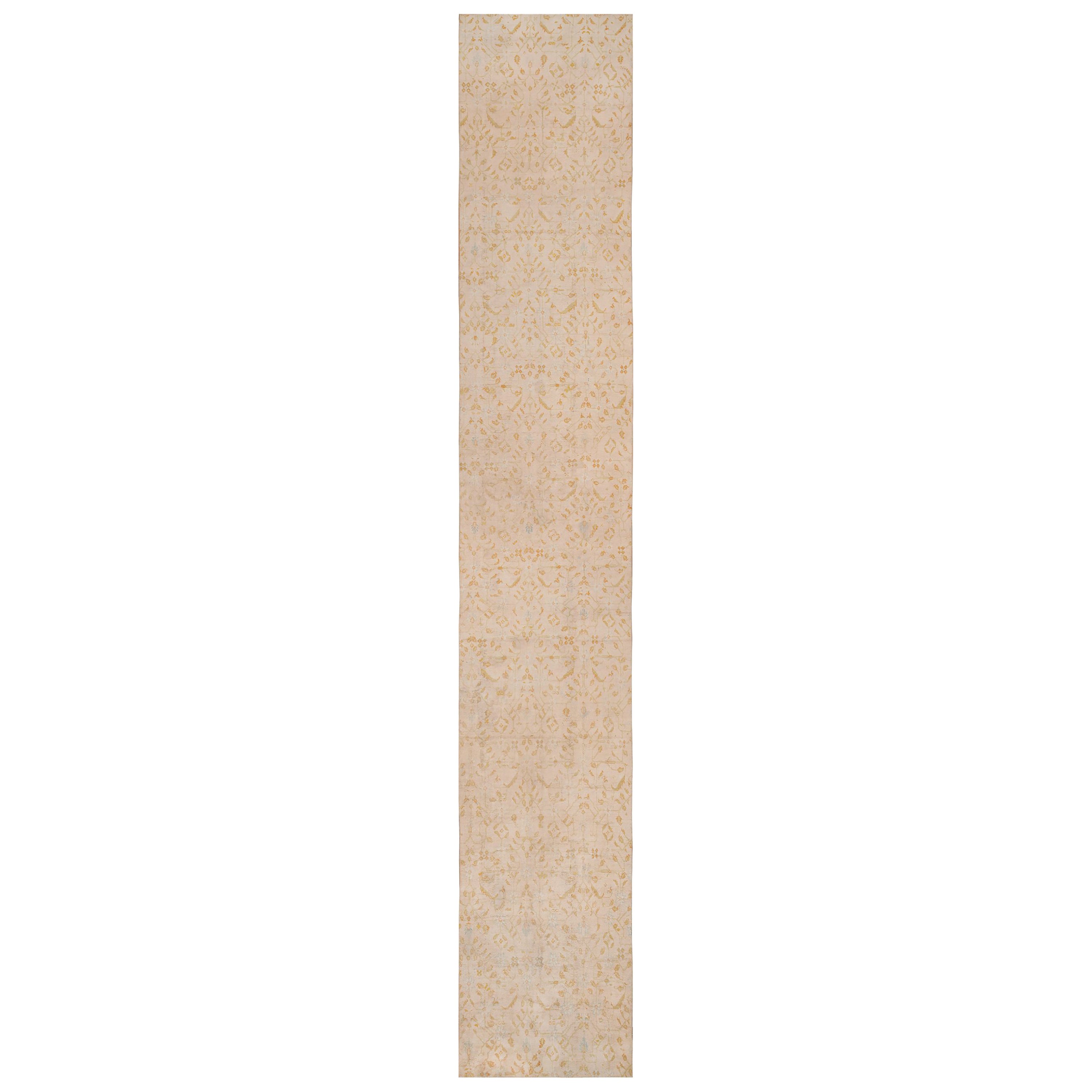 Long and Narrow Luxurious Ivory Indian Agra Antique Runner Rug 4'6" x 26'6" For Sale