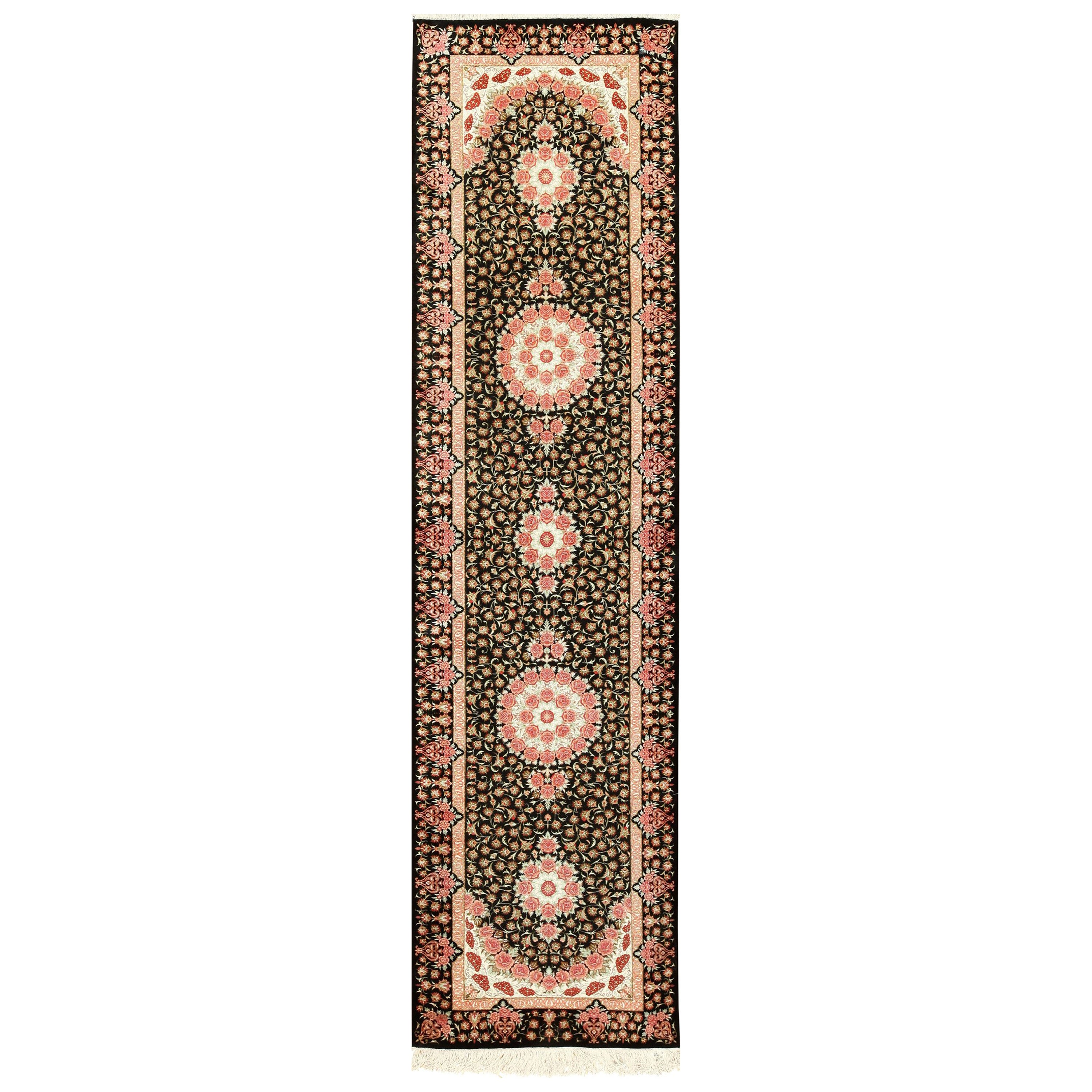 Nazmiyal Collection Black Background Silk Qum Persian Runner Rug 2'8" x 9'8" For Sale