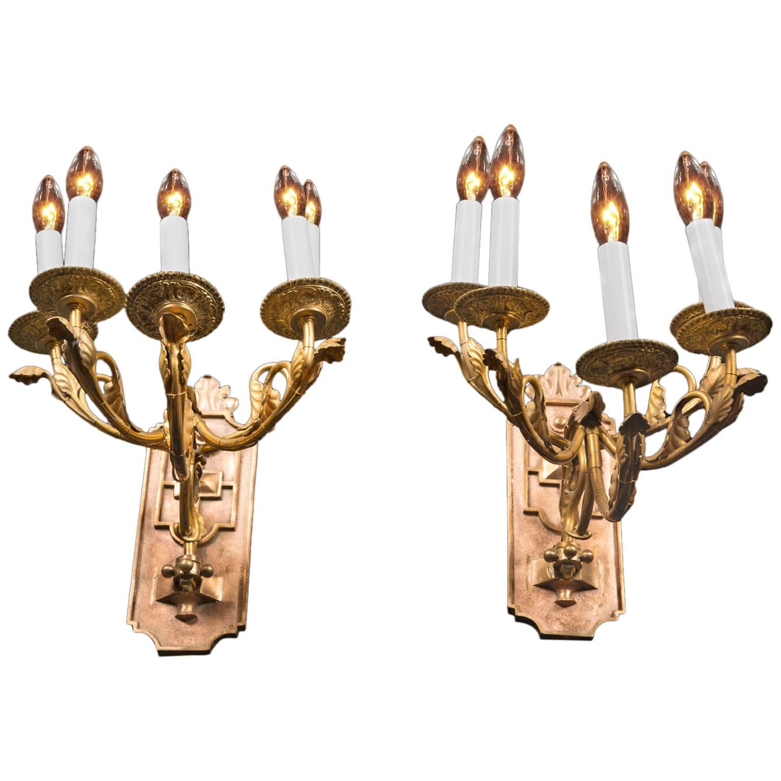 Pair of Early 20th Century Bronze Sconces, Four Arms and Heavy Bronze Backplate For Sale