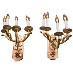 Pair of Early 20th Century Bronze Sconces, Four Arms and Heavy Bronze Backplate
