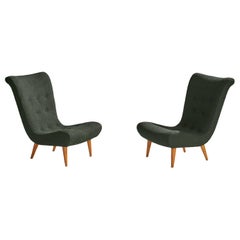 Used Swedish Designer, Slipper Chairs, Wood, Fabric, Sweden, 1950s