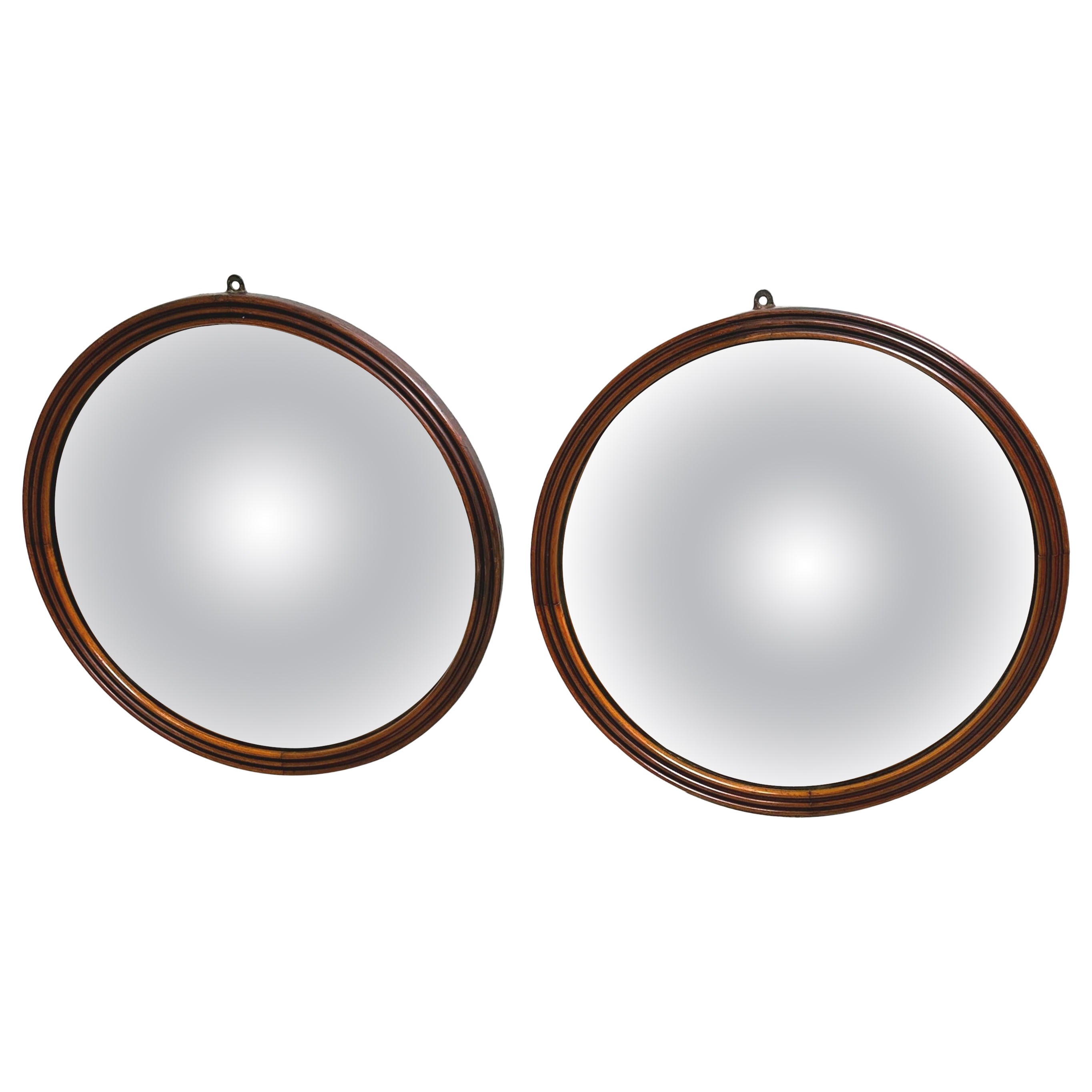 Pair Of Mahogany Circular Convex Mirrors For Sale