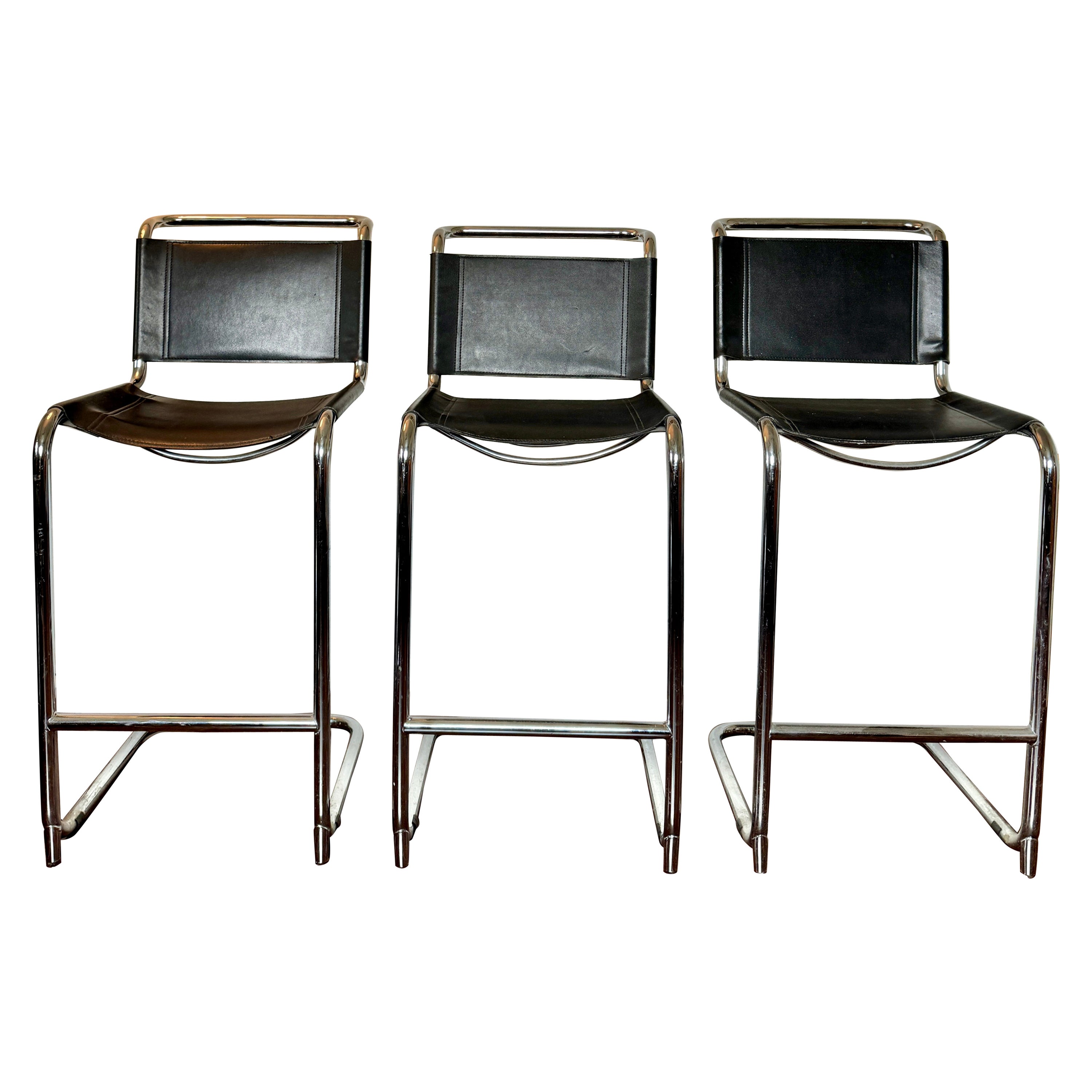 A set of 3 post modern bar stools by Mart Stam, circa 1980s. Chromed tubular For Sale