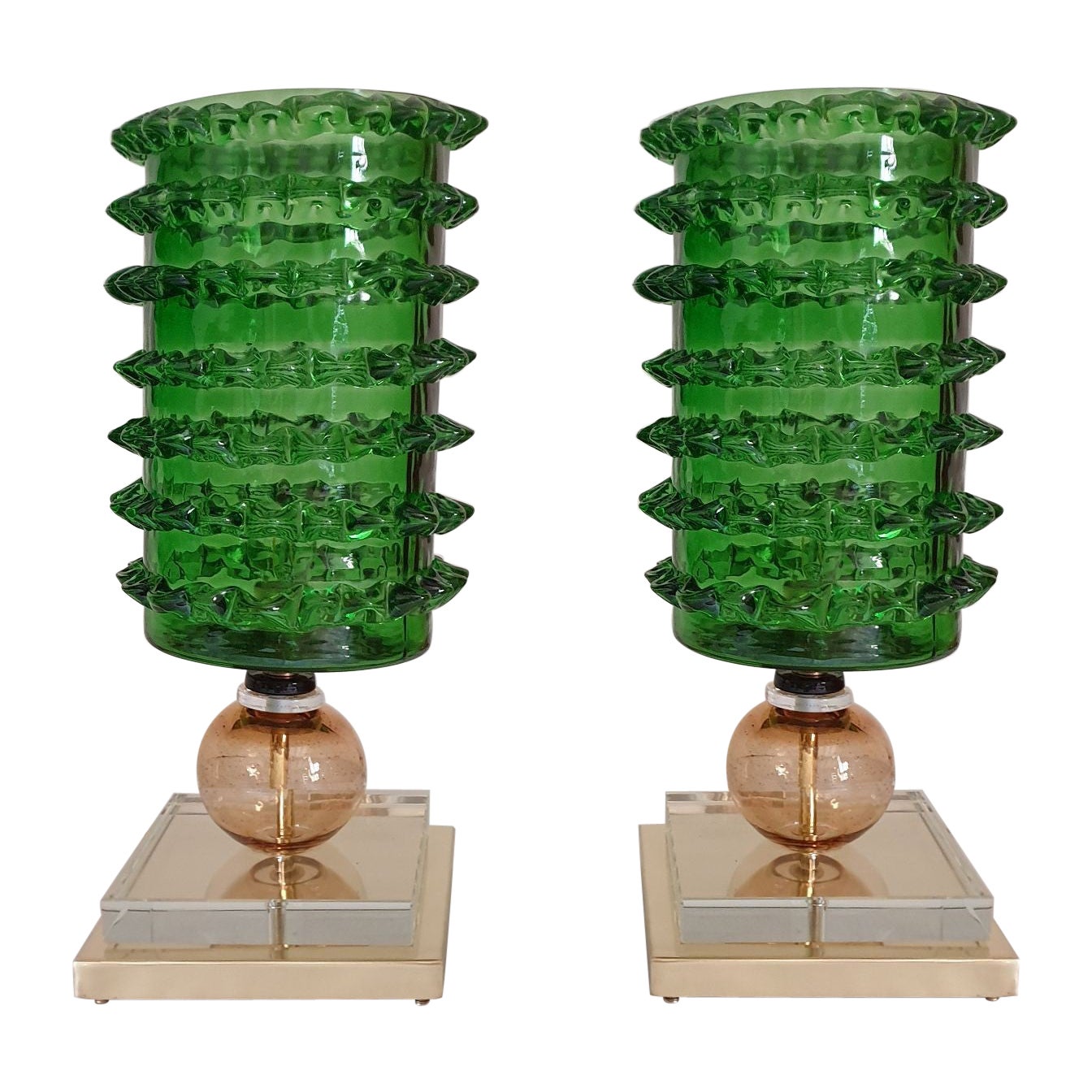 Green Murano glass table lamps - a pair For Sale