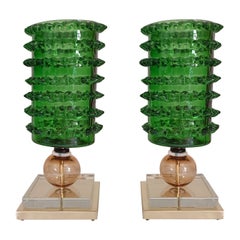 Green Murano glass table lamps - a pair