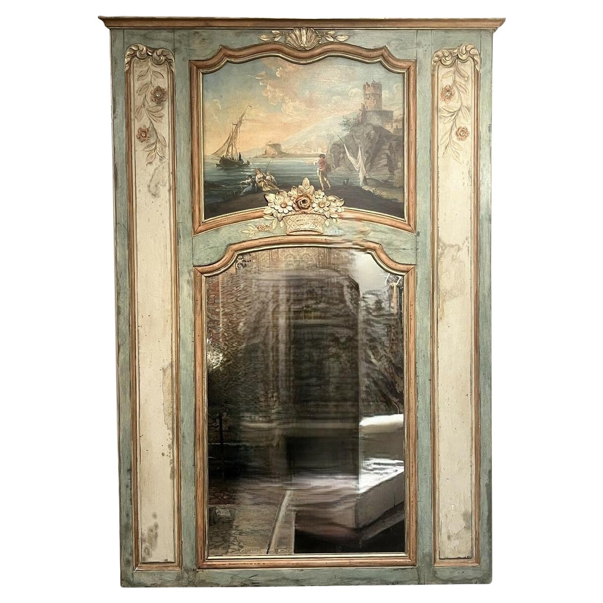 1860's Hand Painted French Trumeau Mirror For Sale