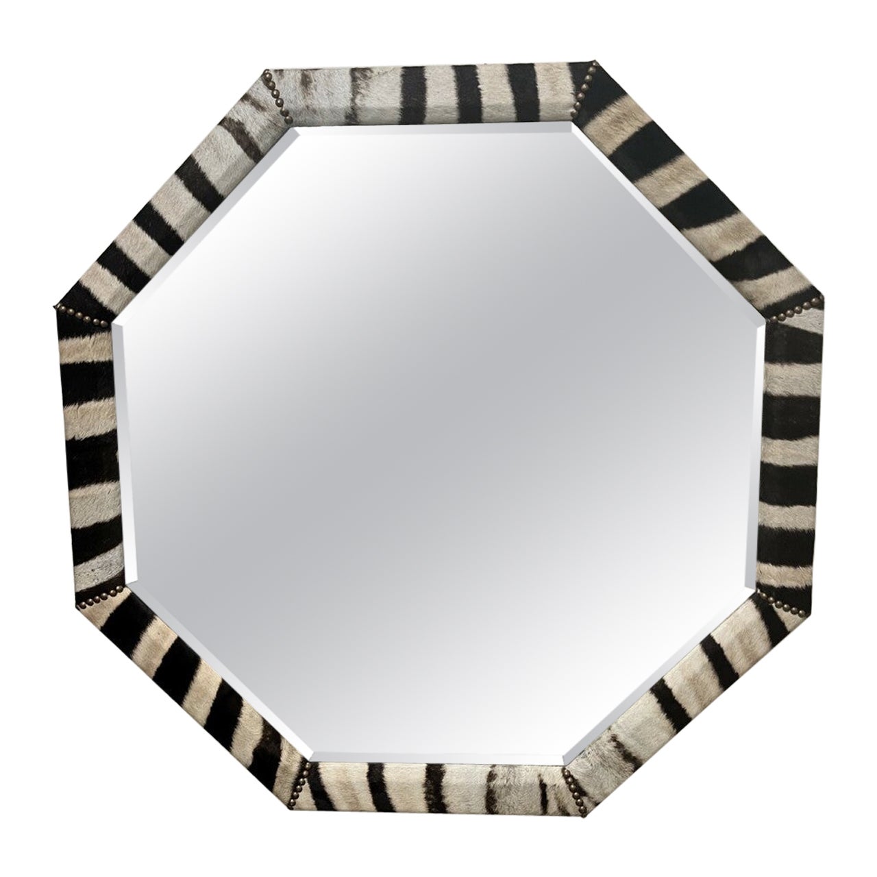 Zebra Wrapped Octagonal Mirror with Brass Nailhead Embellishments For Sale