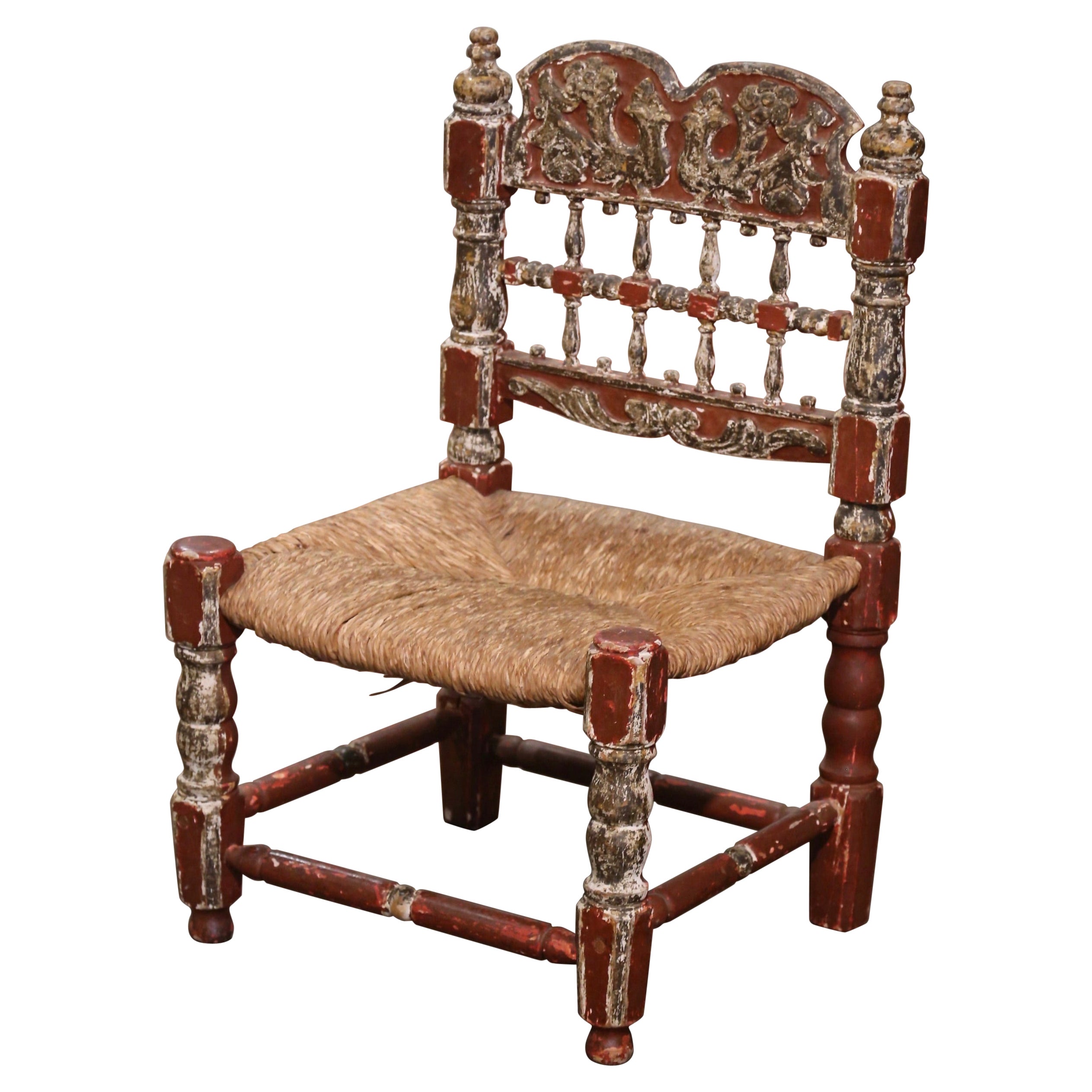 19th Century Spanish Catalan Painted Oak and Rush Seat Low Chair  For Sale