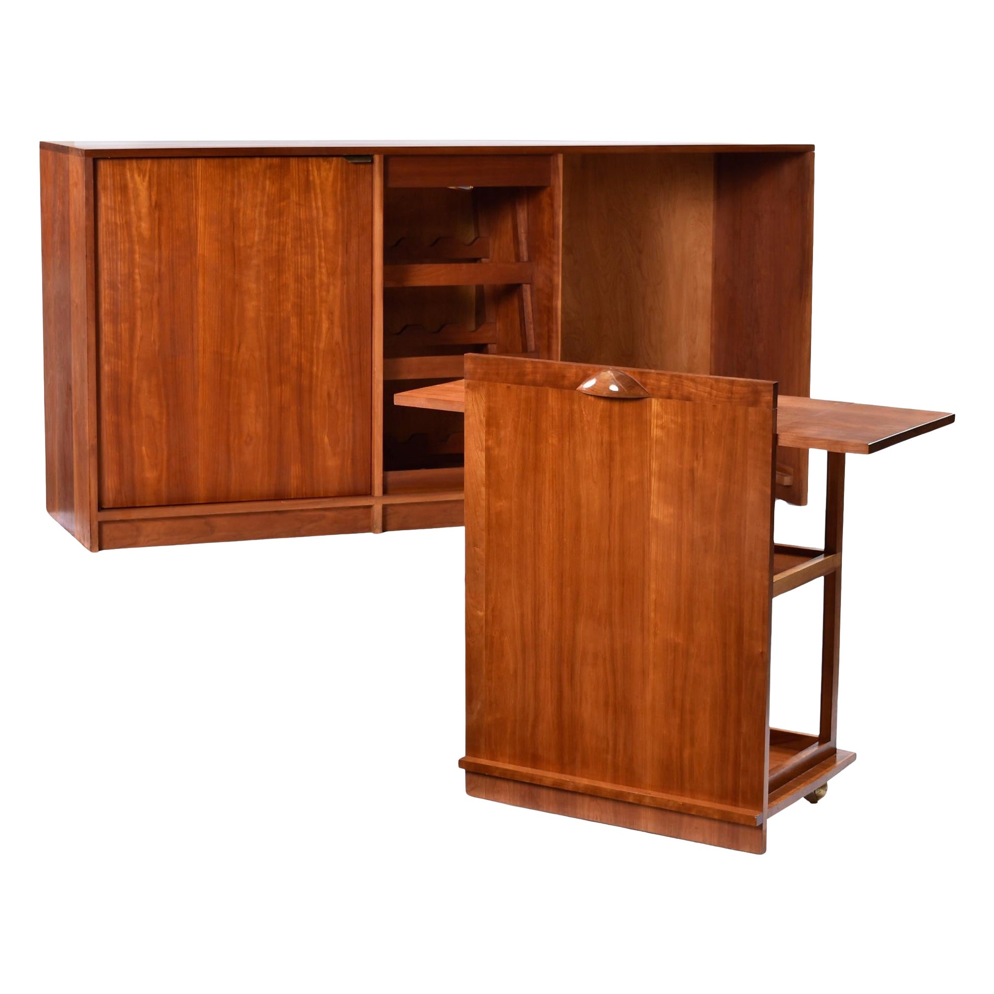 Lighted Custom Made Modern Cherry Buffet Dry Bar With Wine Rack and Bar Cart