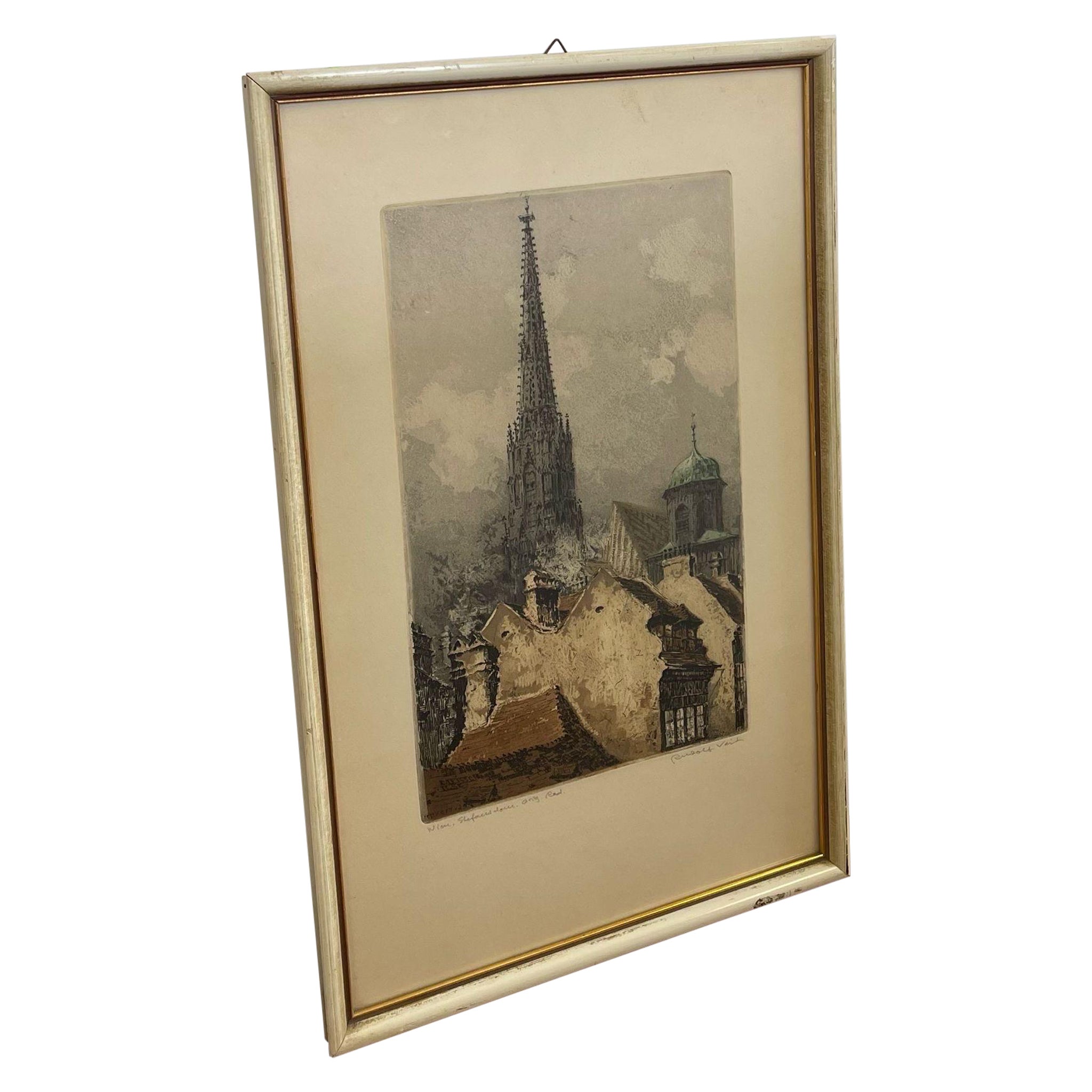 Vintage Framed Pencil Signed Lithograph Cityscape Artwork For Sale