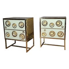 Couple Bedside tables in Murano glass Style mid-century Embossed brass available