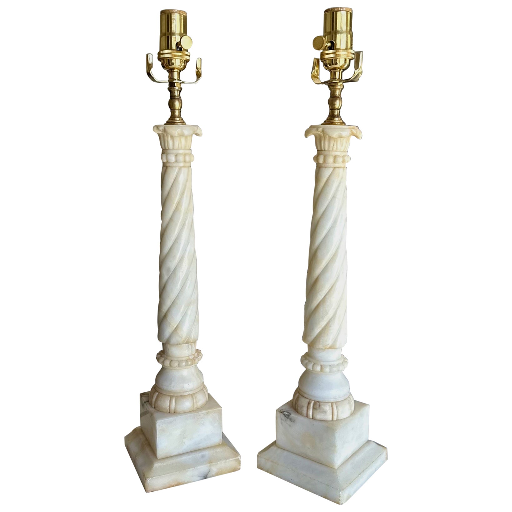 Pair Italian Neoclassic Column Alabaster Table Lamps For Sale