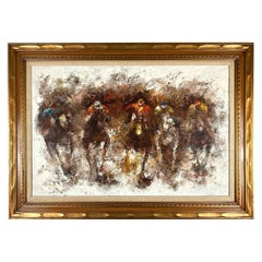 Vintage Horse Racing Oil On Canvas Painting
