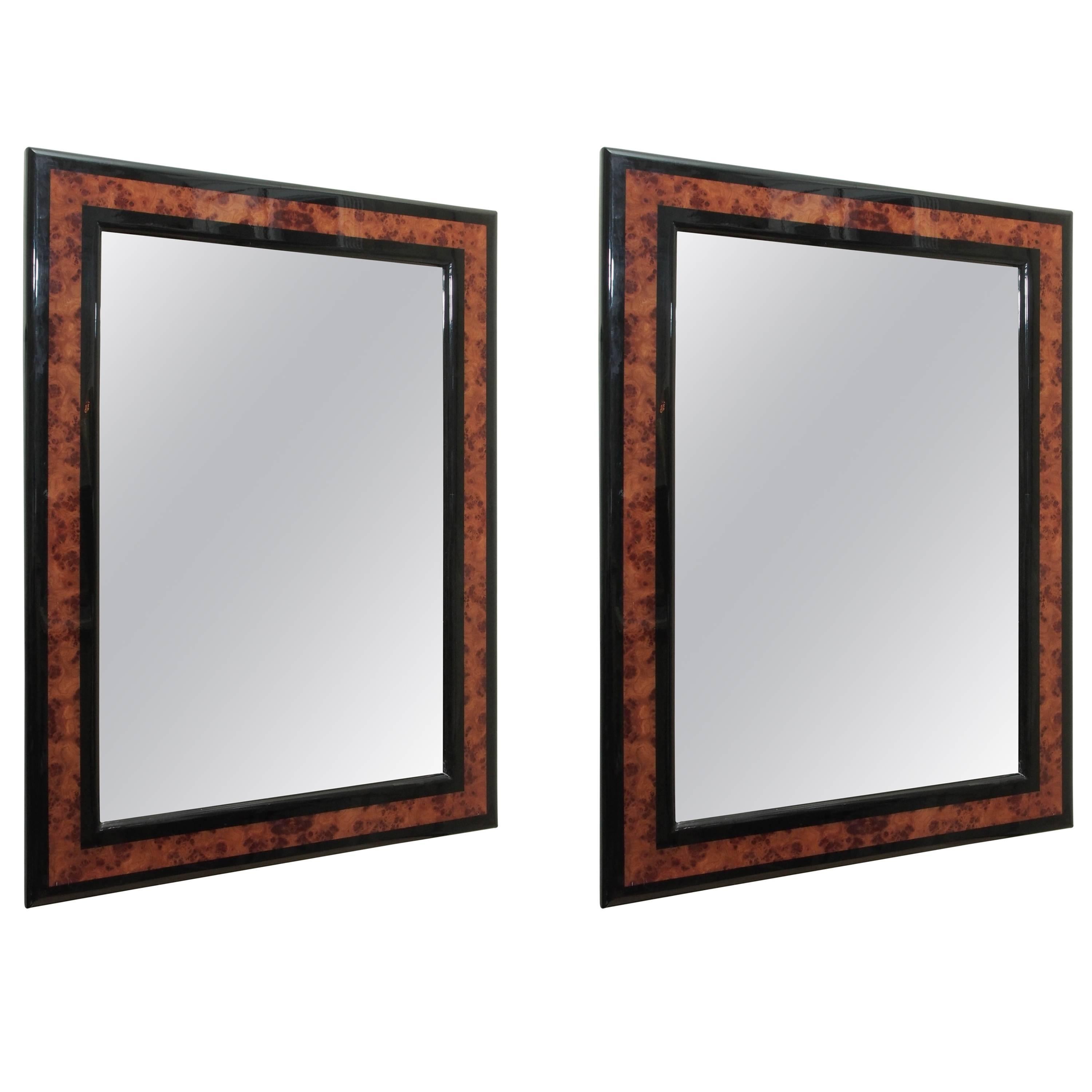 Pair of Burled Wood and Ebony Mid-Century Mirrors, circa 1970 For Sale