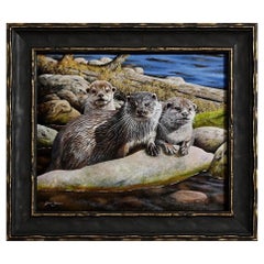 Vintage The Three Amigos  Oil on Board Painting Carnivorous Mammals Otters Steve Burgess