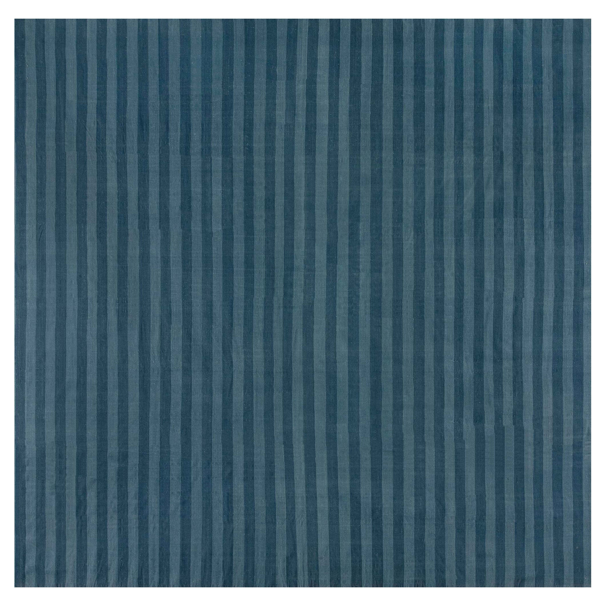 Midcentury Indian Dhurrie Striped Blue Cotton Rug For Sale