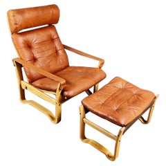Retro J.M Birking Danish Reclining Lounge Chair Tan Cognac & Leather Footstool