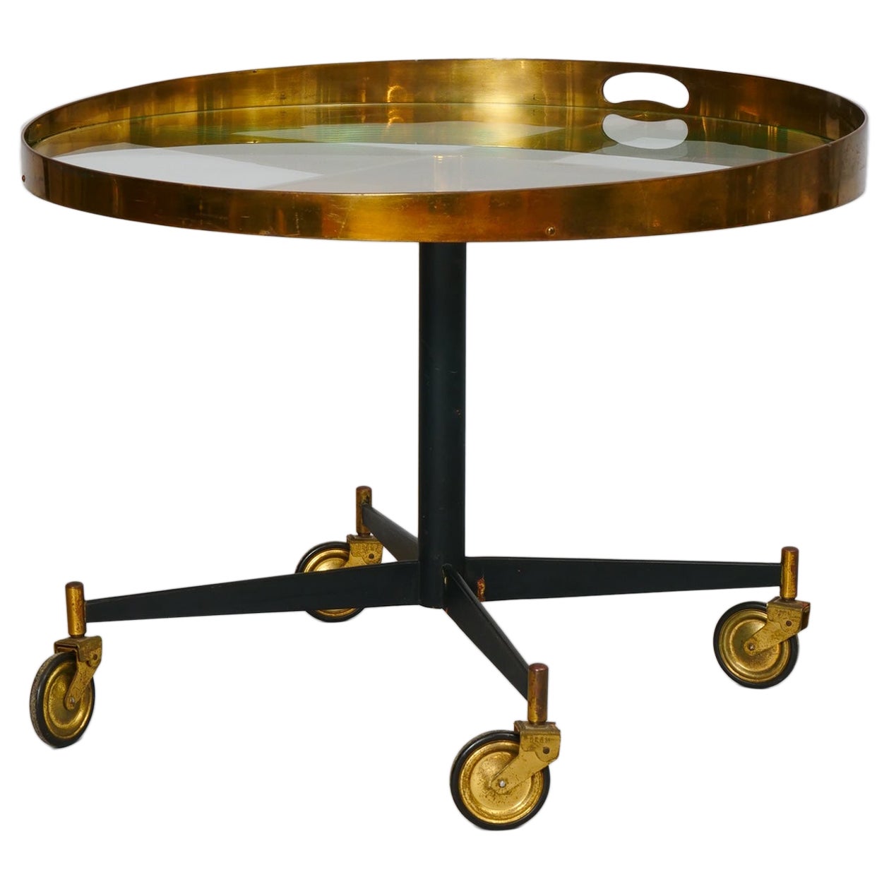 Circular Gio Ponti style brass and glass table. Italy c1950 For Sale