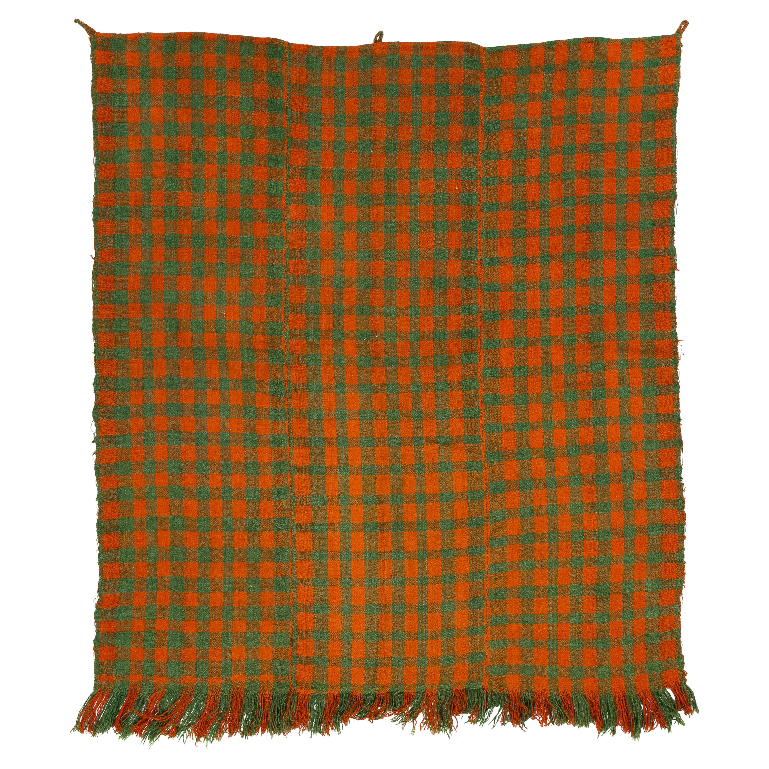 4.4x5 Ft Vintage Checkered Turkish Flat-weave Kilim Rug in Orange & Citrus Green For Sale