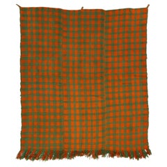 4.4x5 Ft Retro Checkered Turkish Flat-weave Kilim Rug in Orange & Citrus Green