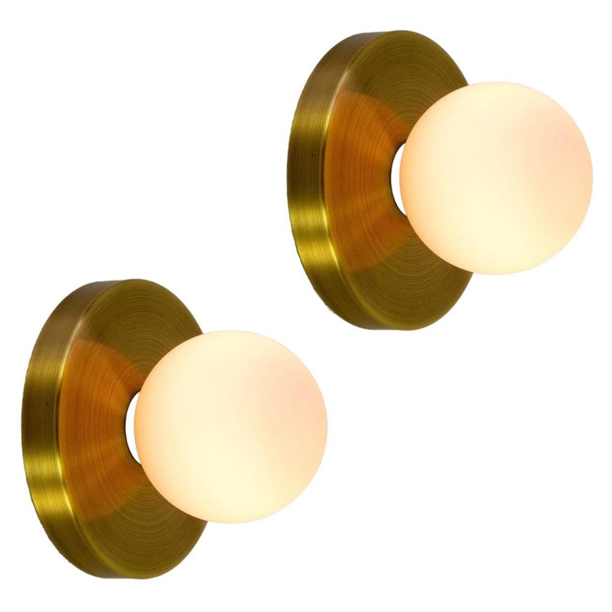 Pair of Globe Sconces by Research.Lighting, Brushed Brass, In Stock For Sale