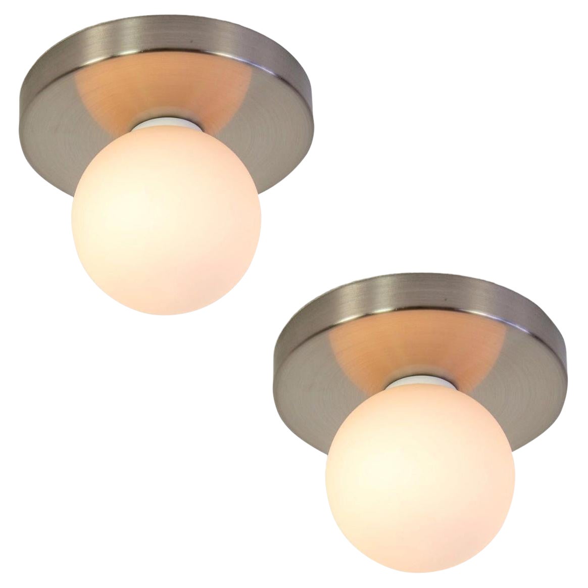Pair of Globe Flush Mounts by Research.Lighting, Brushed Nickel, In Stock For Sale