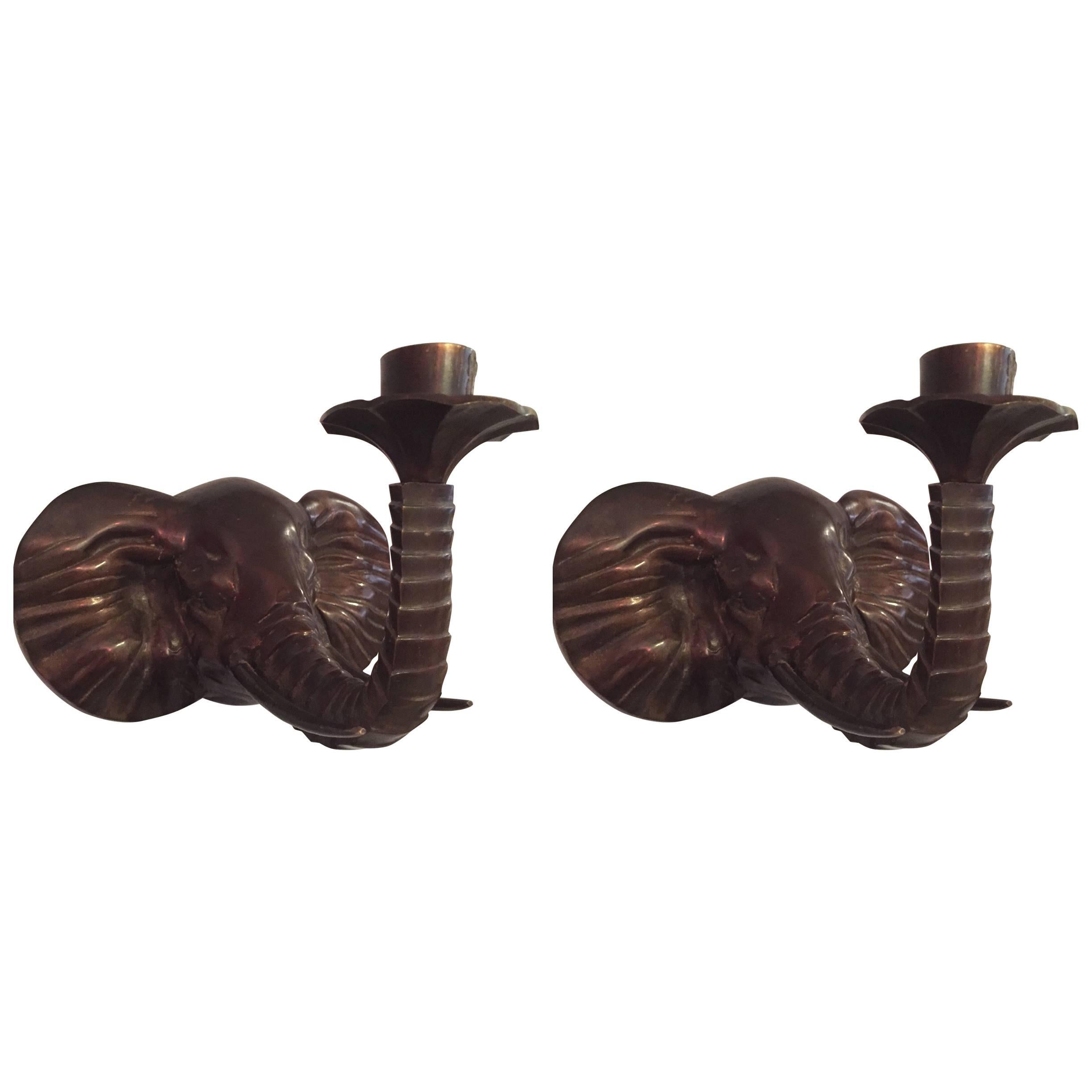 Pair of French Bronze Elephant Wall-Mounted Candlesticks