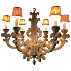 Spectacular Large Wooden Six Light Scrollwork Chandelier by Jerry Pair Lyon 