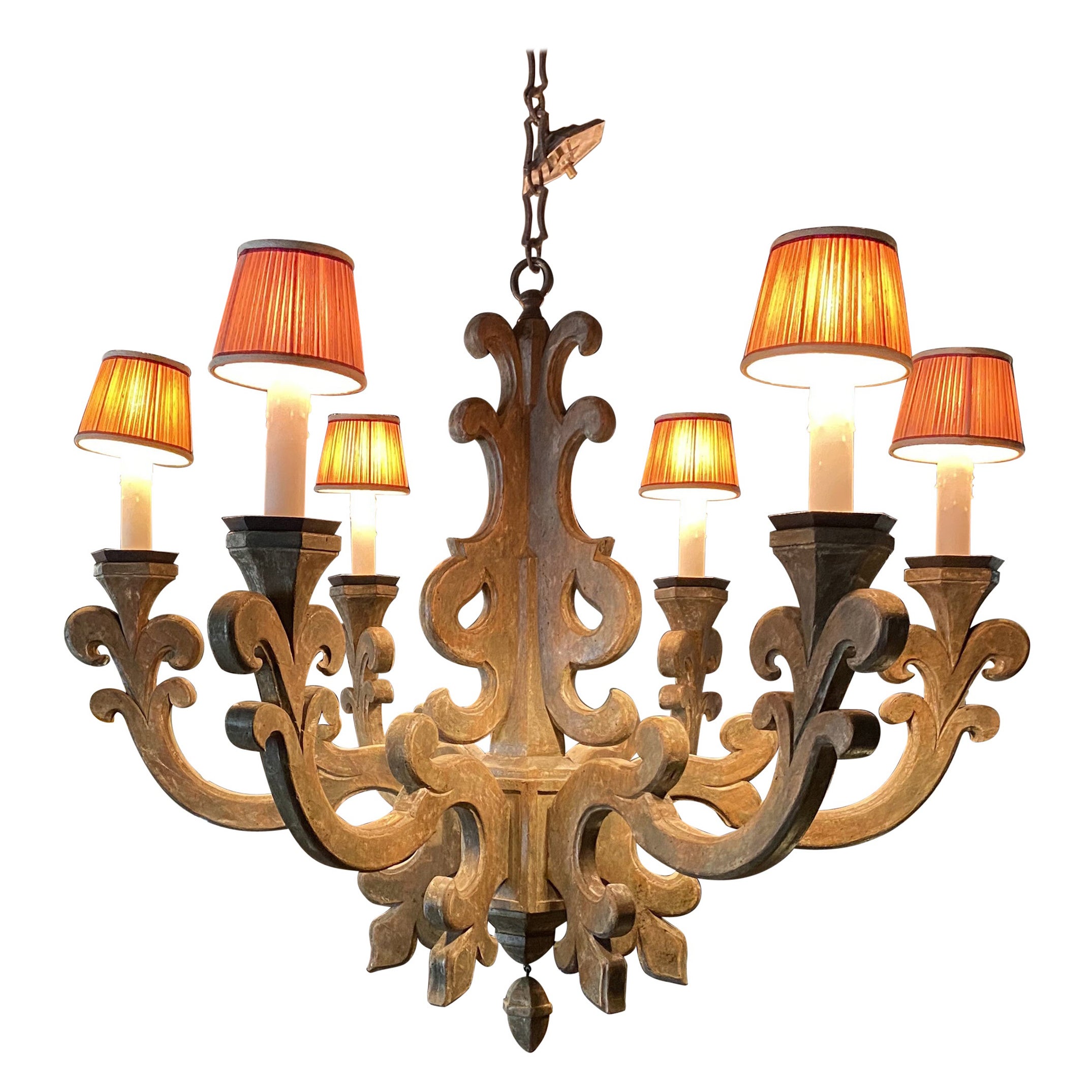 Spectacular Large Wooden Six Light Scrollwork Chandelier by Jerry Pair Lyon  For Sale