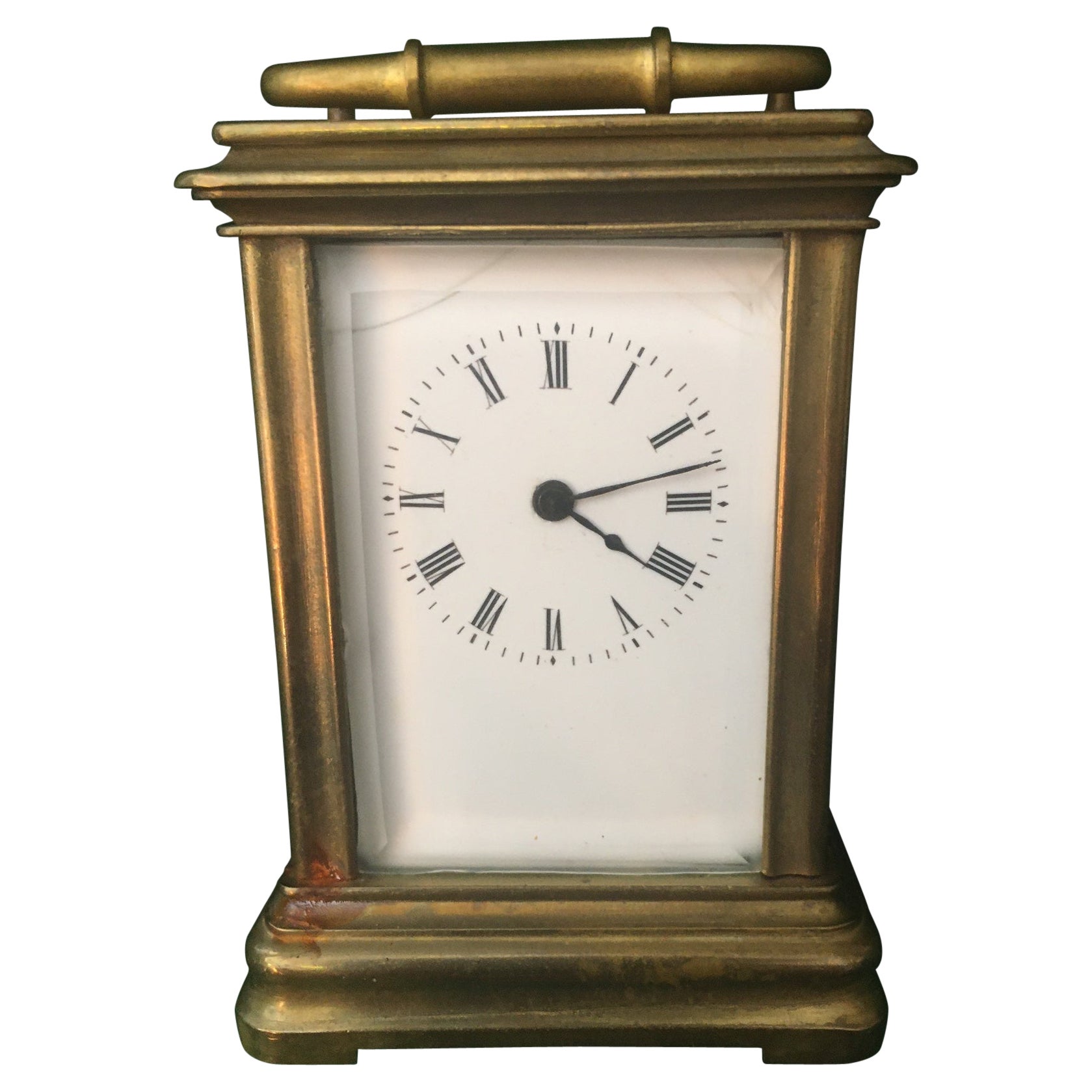 French Miniature Mignonnette Brass Carriage Clock with Beveled Glass circa 1900 For Sale