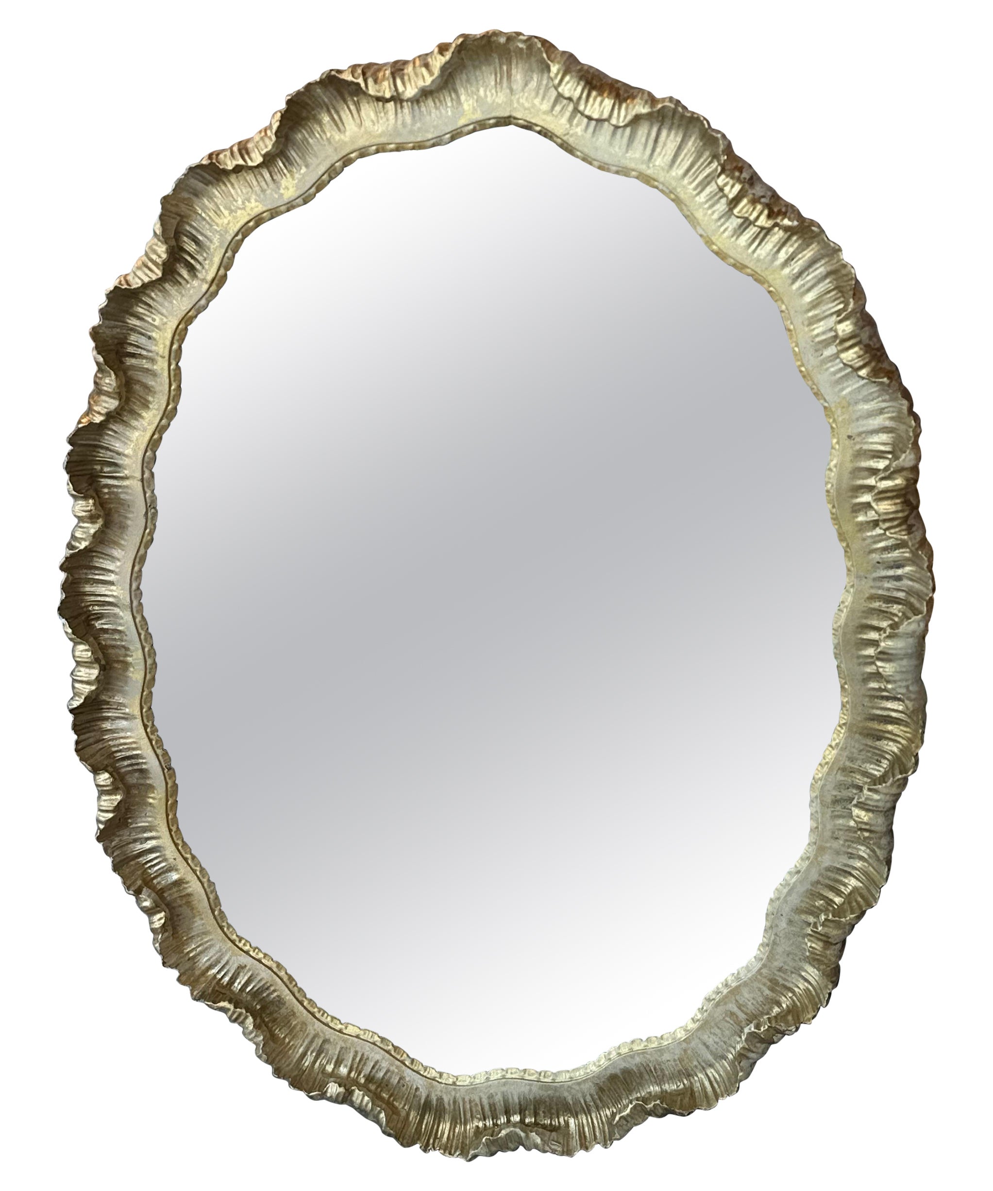 Venetian Italian Gold Gilt Wood Gesso Scalloped Ruffle Oval Wall Mirror  For Sale