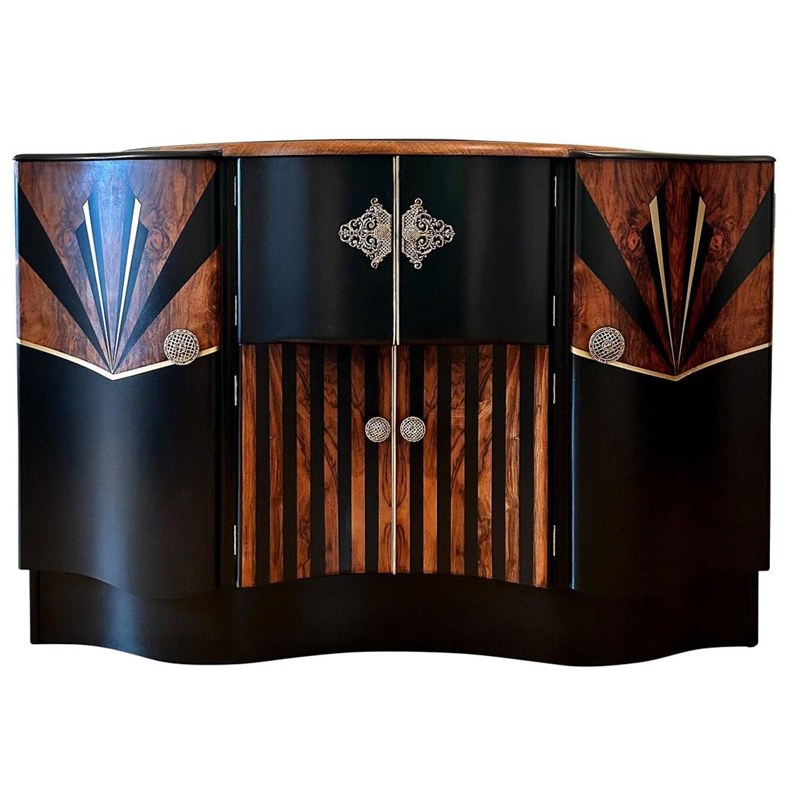 Art Deco Style Hand Painted Walnut Veneered Cocktail Bar Cabinet For Sale
