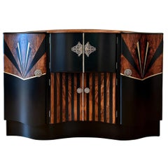 Used Art Deco Style Hand Painted Walnut Veneered Cocktail Bar Cabinet