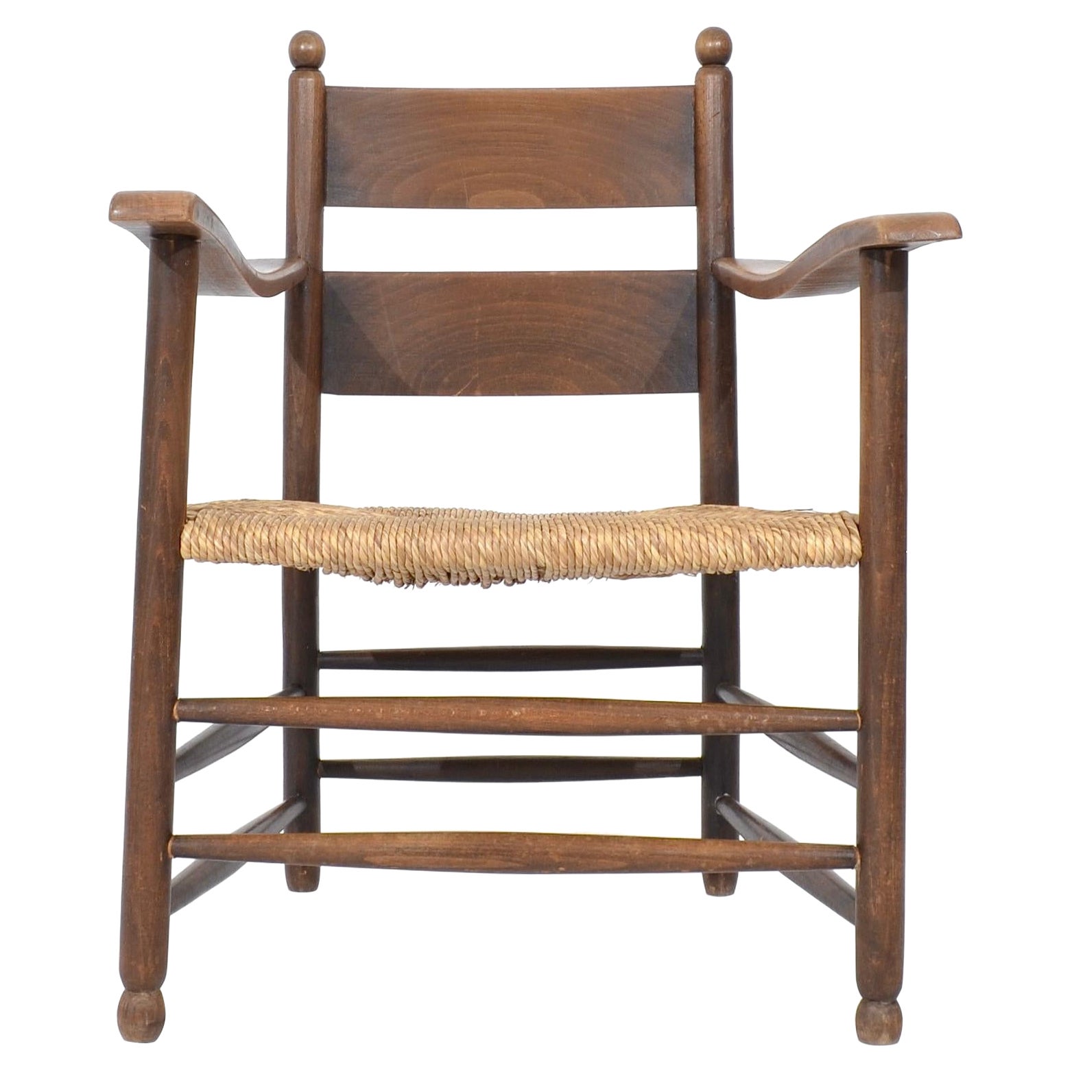 Beech armchair with rope seat, France, 1950's For Sale