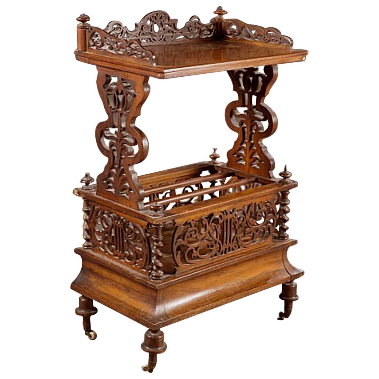 English Canterbury or Magazine stand in Burled Walnut, Mid-19th Century For Sale