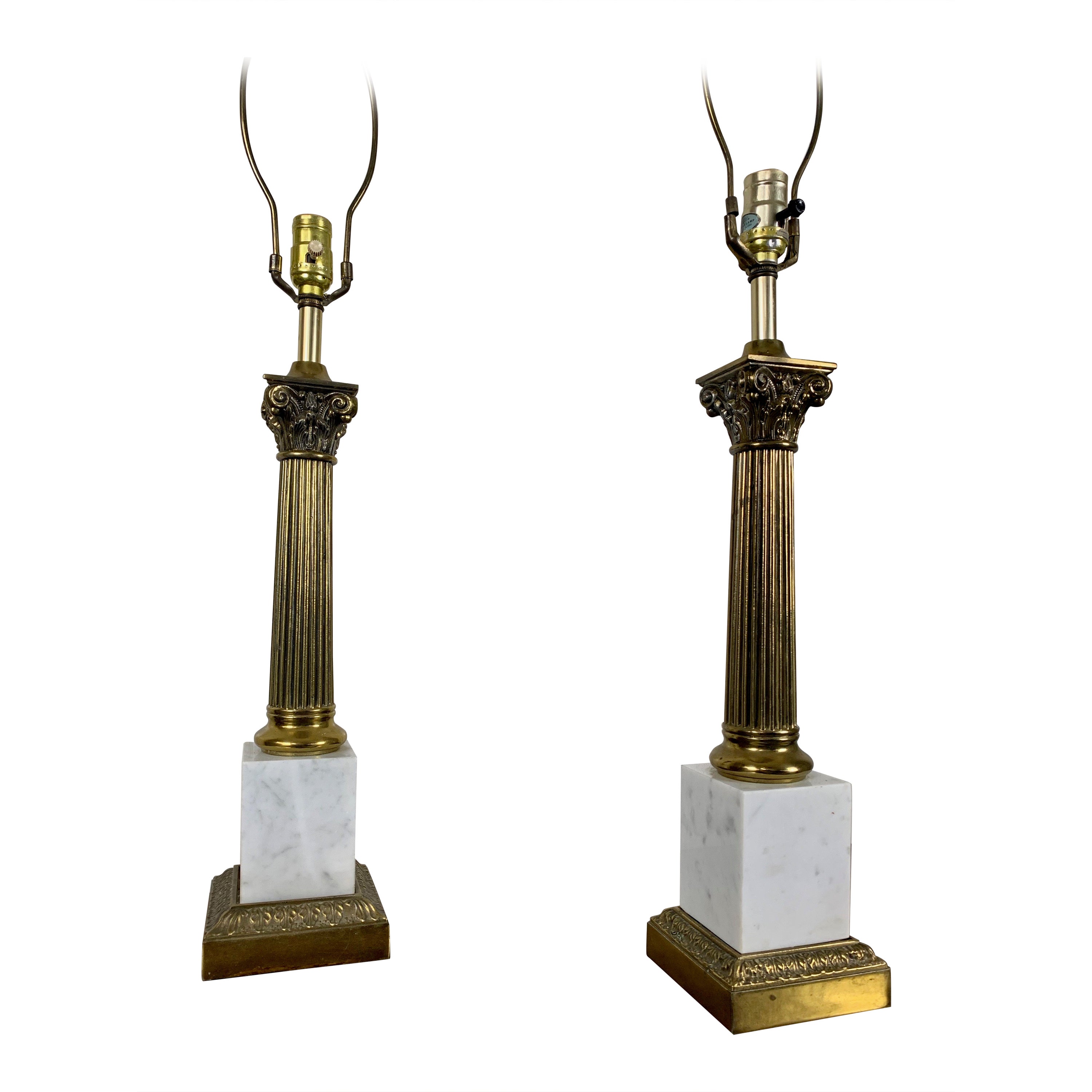 Brass and Marble Corinthian Column Lamps For Sale