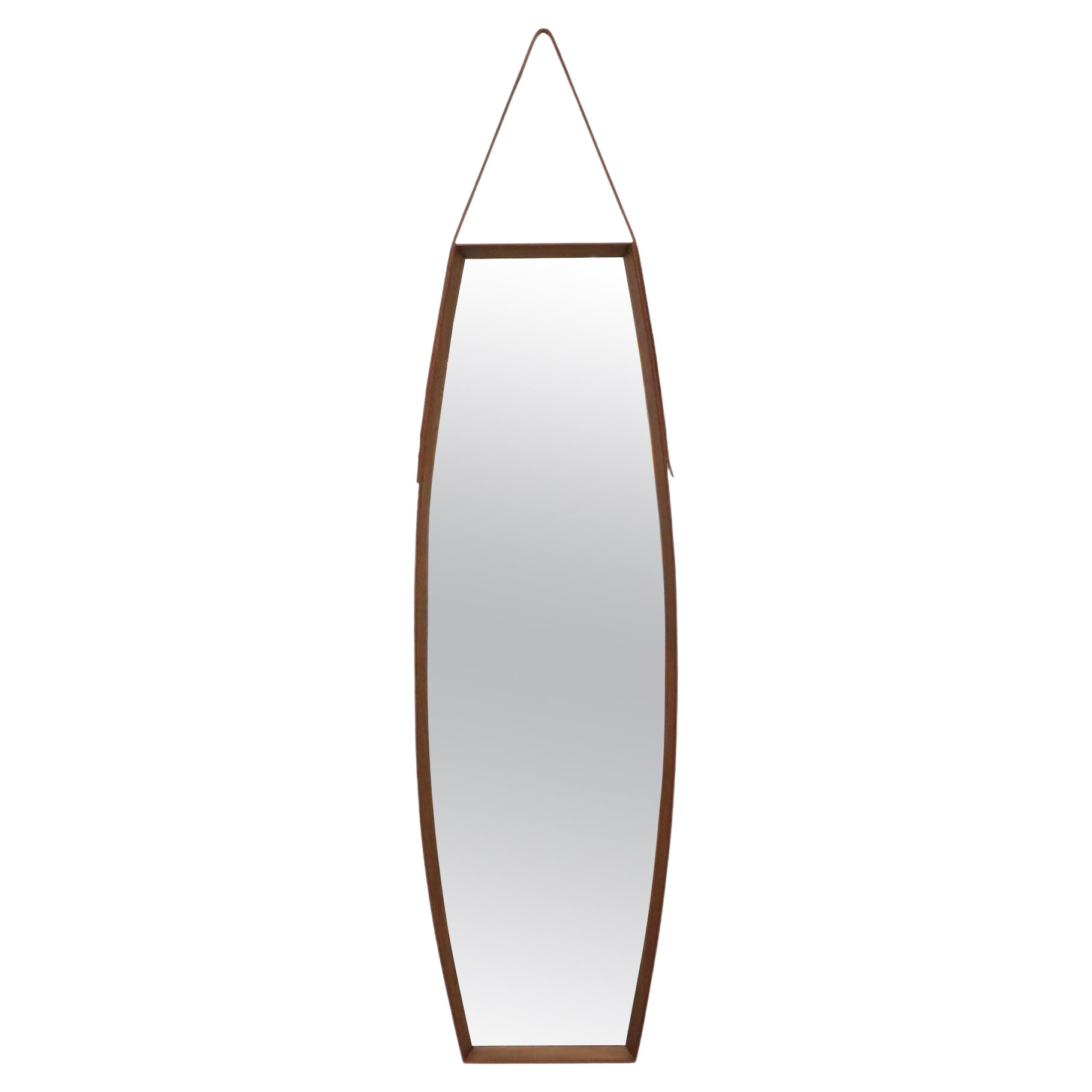 Grand miroir suspendu en forme de cercueil avec cadre en teck danois et courroie en cuir Brown en vente