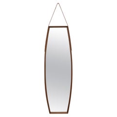 Vintage Large Danish Teak Framed Hanging Coffin Shaped Mirror with Brown Leather Strap