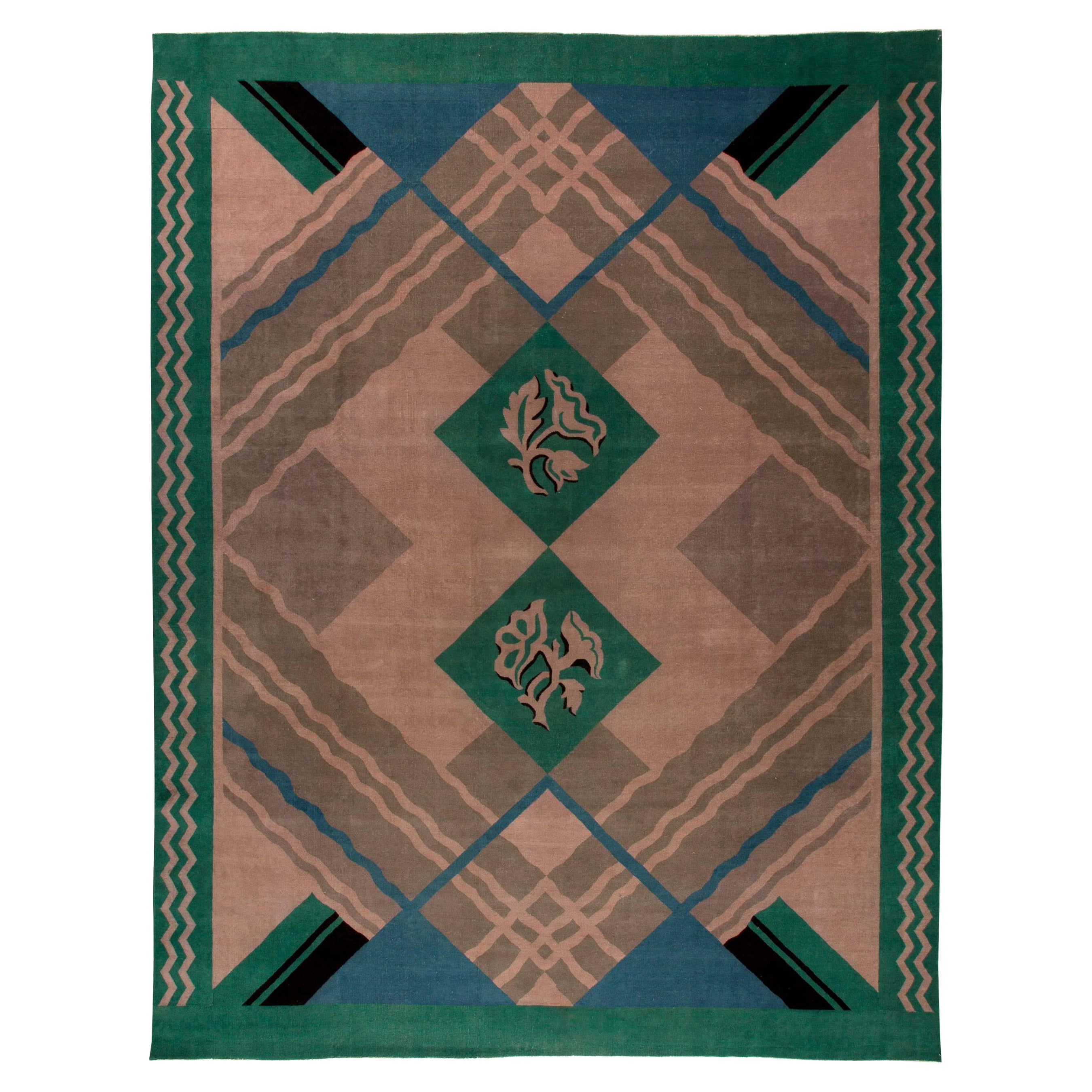 Vintage Chinese Art Deco Green Handmade Rug