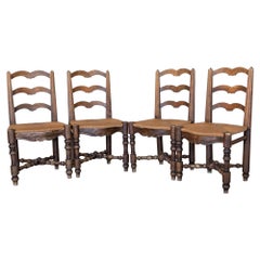 Vintage French Carved Wood and Woven Chairs, Set of 4