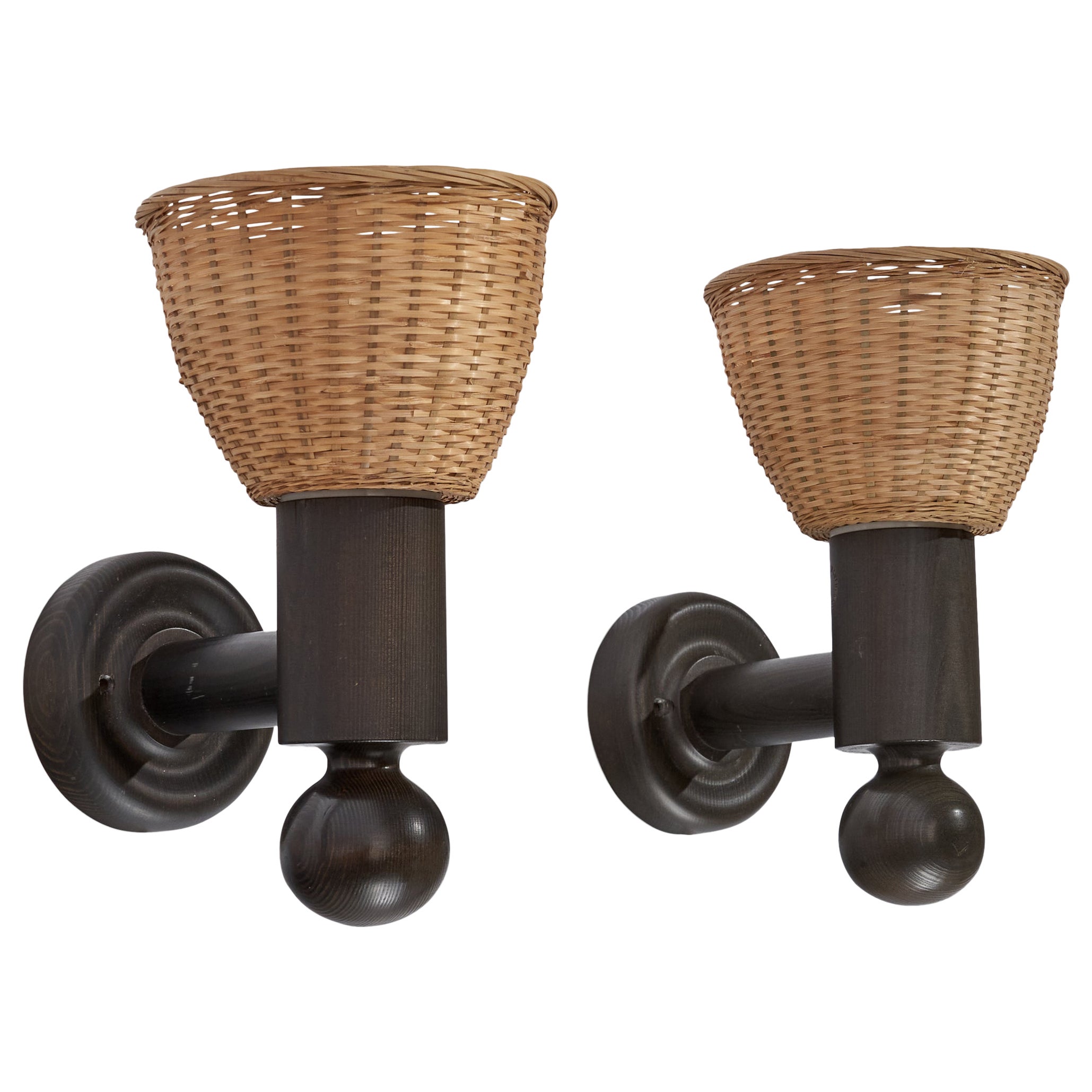 Uno Kristiansson, Wall Lights, Pine, Rattan, Sweden, 1970s For Sale