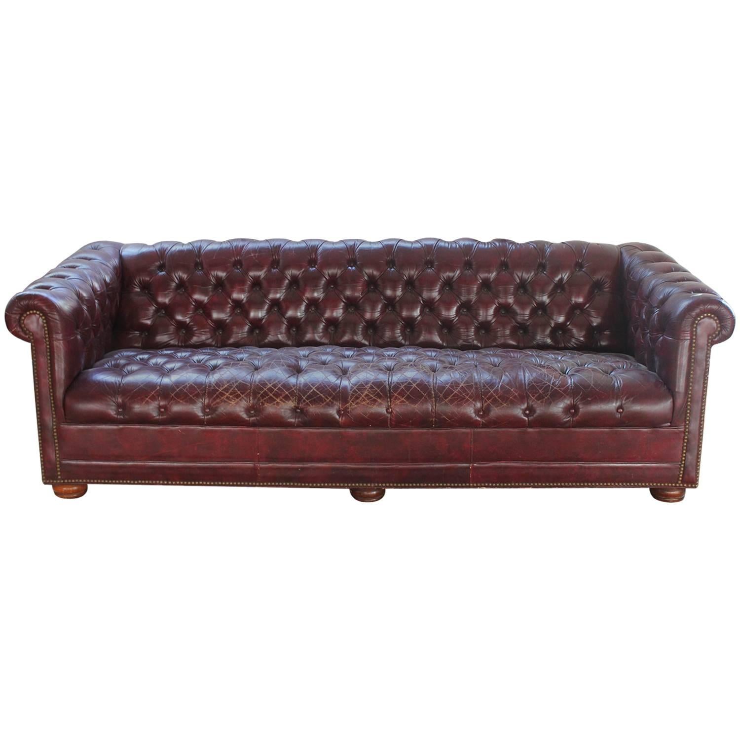 Vintage Distressed Burgundy Leather Chesterfield Sofa For Sale