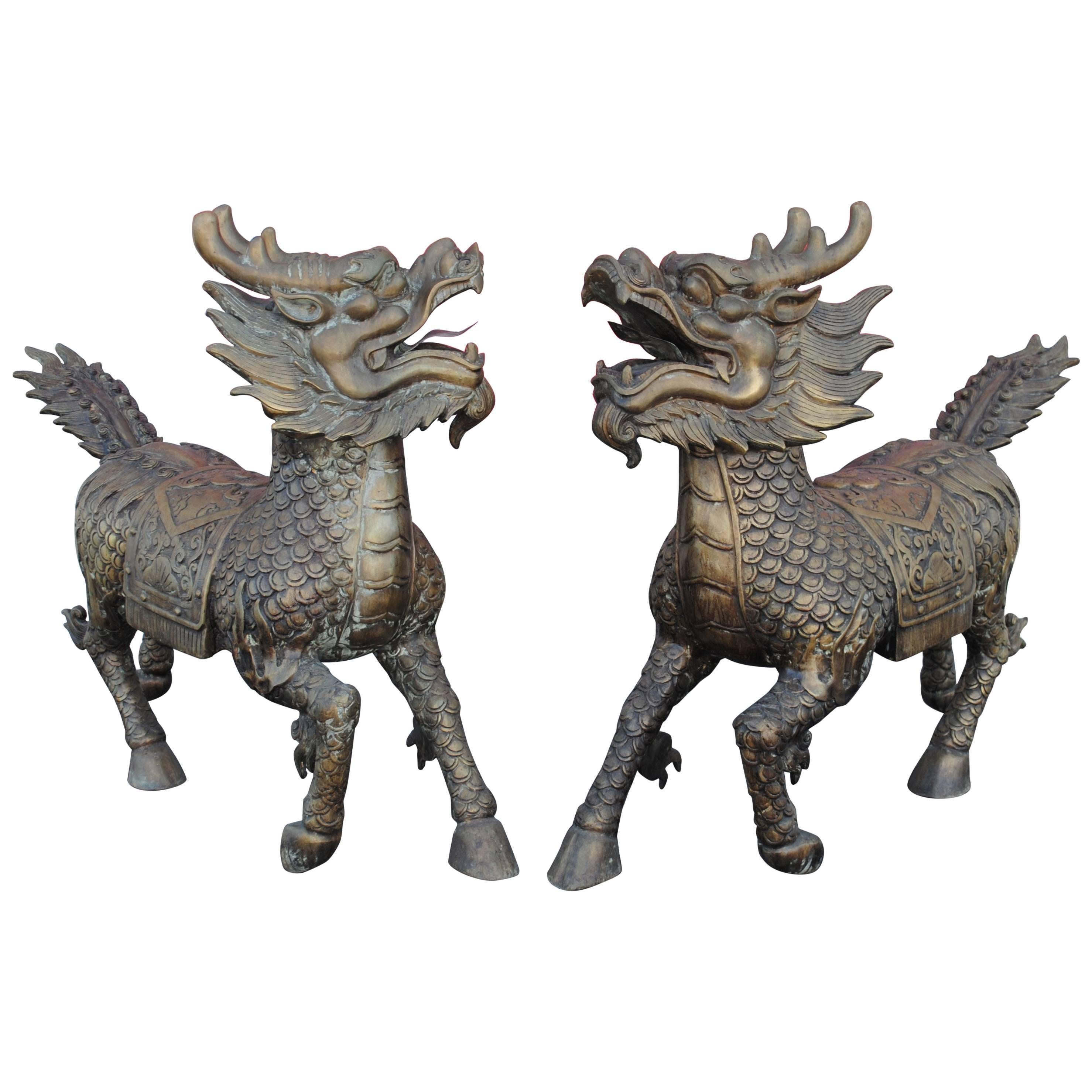 Pair of Large Bronze Sculptures of Foo Dogs Dragons Phylactery Beasts For Sale