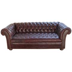 Vintage Distressed Burgundy Leather Chesterfield Sofa