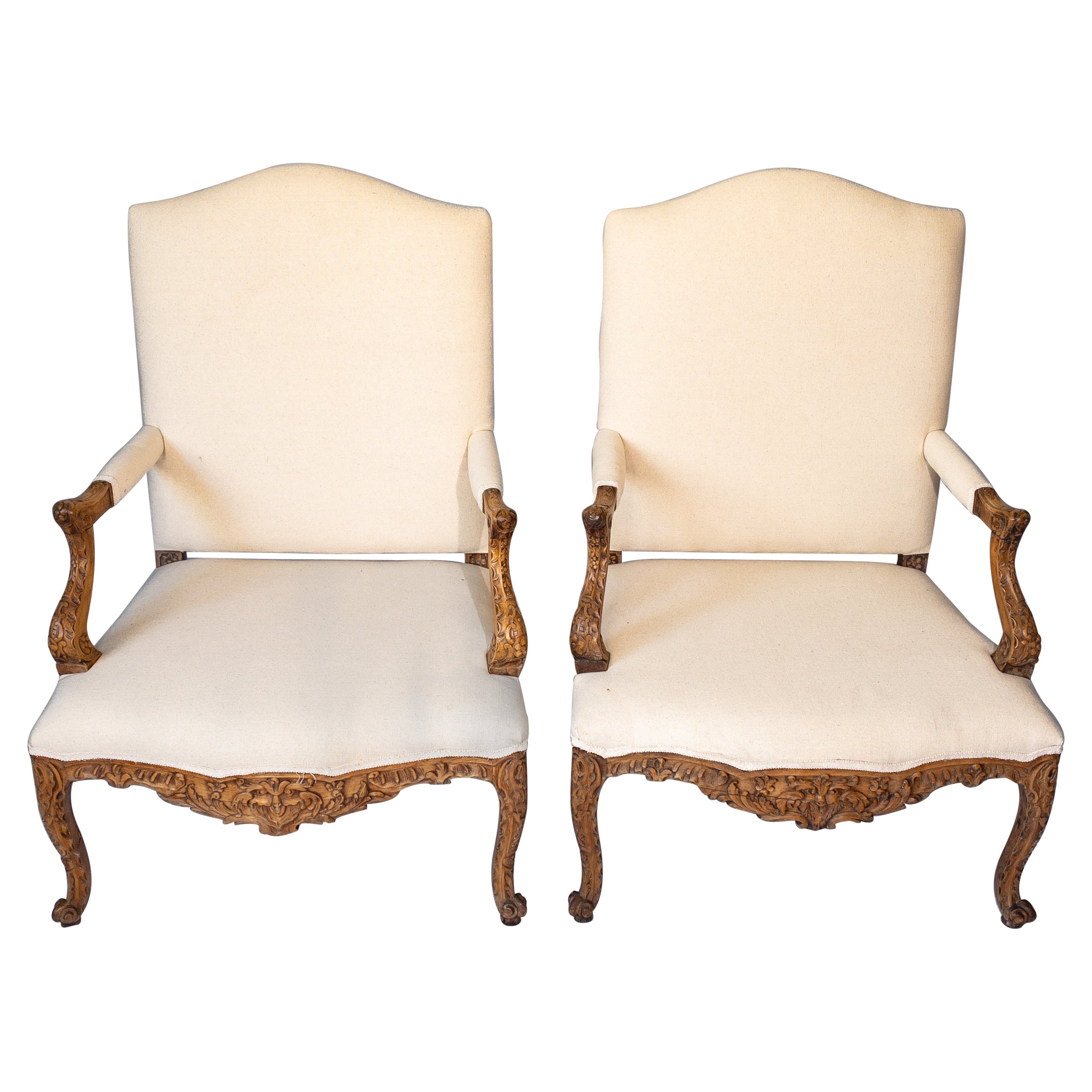 Pair of 19th Century French Louis XV Style Carved Wooden Arm Chairs For Sale