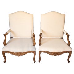 Antique Pair of 19th Century French Louis XV Style Carved Wooden Arm Chairs